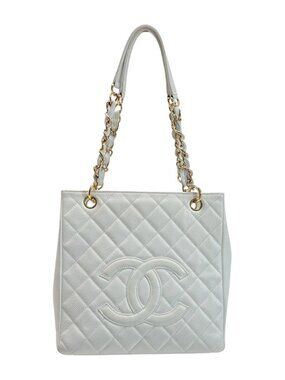 Chanel Cocomark Quilted Pst Chain Tote Bag White Caviar Leather
